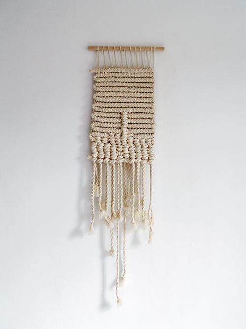 Rizoma tapestry, full frontal view of small format cotton ropes of different thicknesses, wooden support