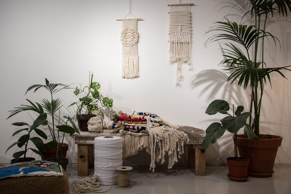 tapestry, cotton ropes, plants